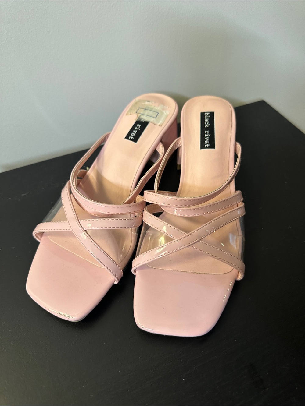 Black Rivet Blush Pink Strappy Mule Heels
